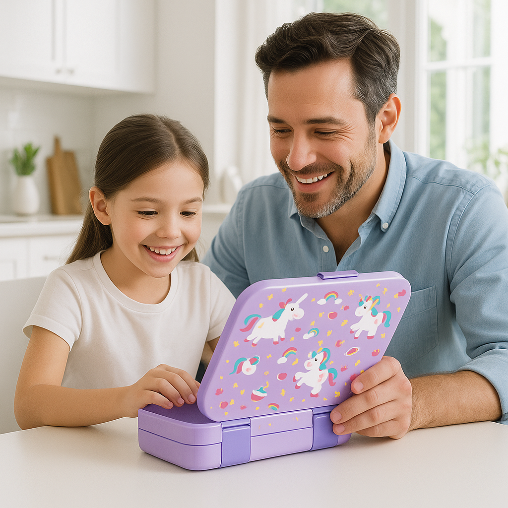papa et sa fille avec la boite repas isotherme