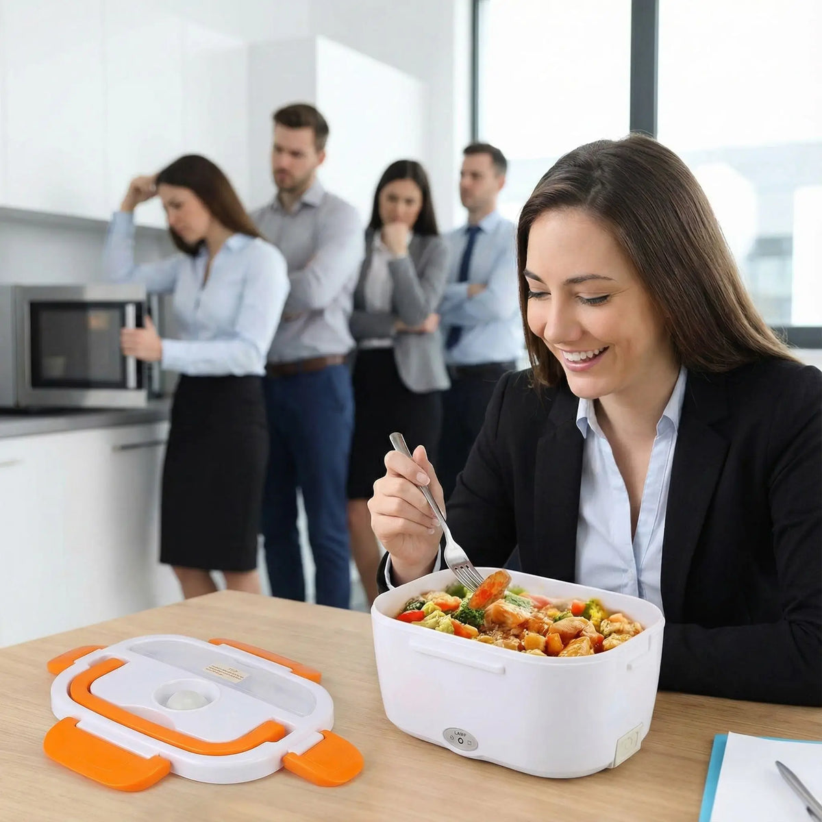 Femme qui mange dans sa lunch box chauffante
