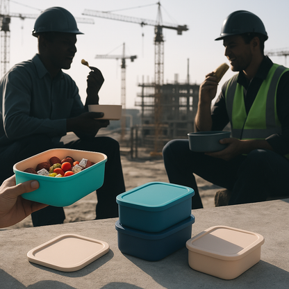 Pique-nique sur un chantier avec la boite repas isotherme